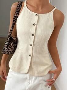 SHEIN EZwear Women's Solid Color Single-Breasted Casual Vest, Summer - Apricot - View 7