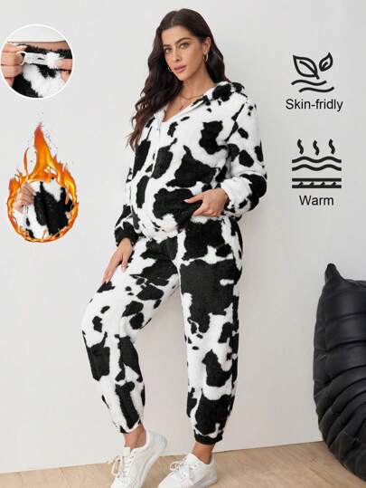 SHEIN 2pcs Maternity Cow Printed Hooded Teddy Jacket And Pants Set, Autumn Winter