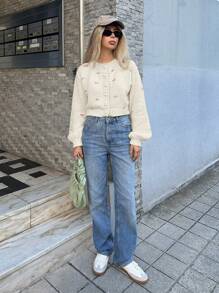 Forever 21 新款秋冬圆领提花针织短开衫 - 杏色 - 查看 4