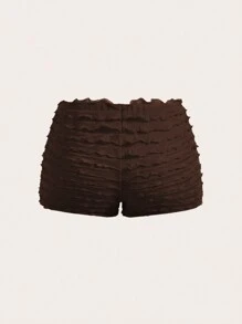 SHEIN Essnce 女士休闲时尚低腰修身弹力迷你短裤女式平角短裤荷叶边短裤下装百搭短裤番茄女孩夏季可爱蝴蝶结女式褶皱超短迷你短裤