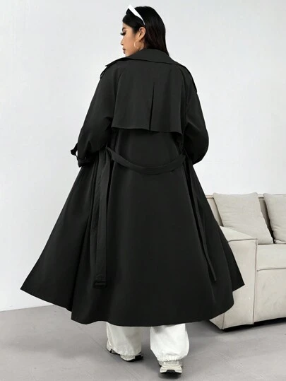 SHEIN EZwear Plus Size Women's Solid Color Long Sleeve Long Casual Trench Coat, Spring Autumn Winter Fall