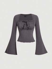 SHEIN MOD Women's Solid Color Frill Trim Front Tie Bell Sleeve Casual T-Shirt, Spring/Autumn - Grey - View 1