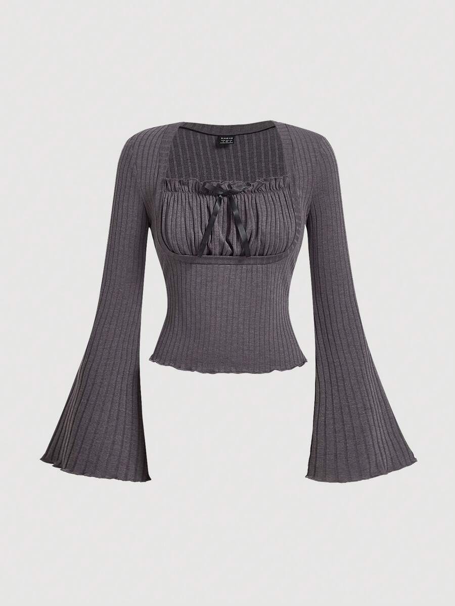 SHEIN MOD Women's Solid Color Frill Trim Front Tie Bell Sleeve Casual T-Shirt, Spring/Autumn - Grey - View 1