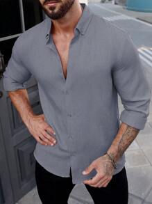 Manfinity Homme 男士纯色长袖休闲办公衬衫，春秋