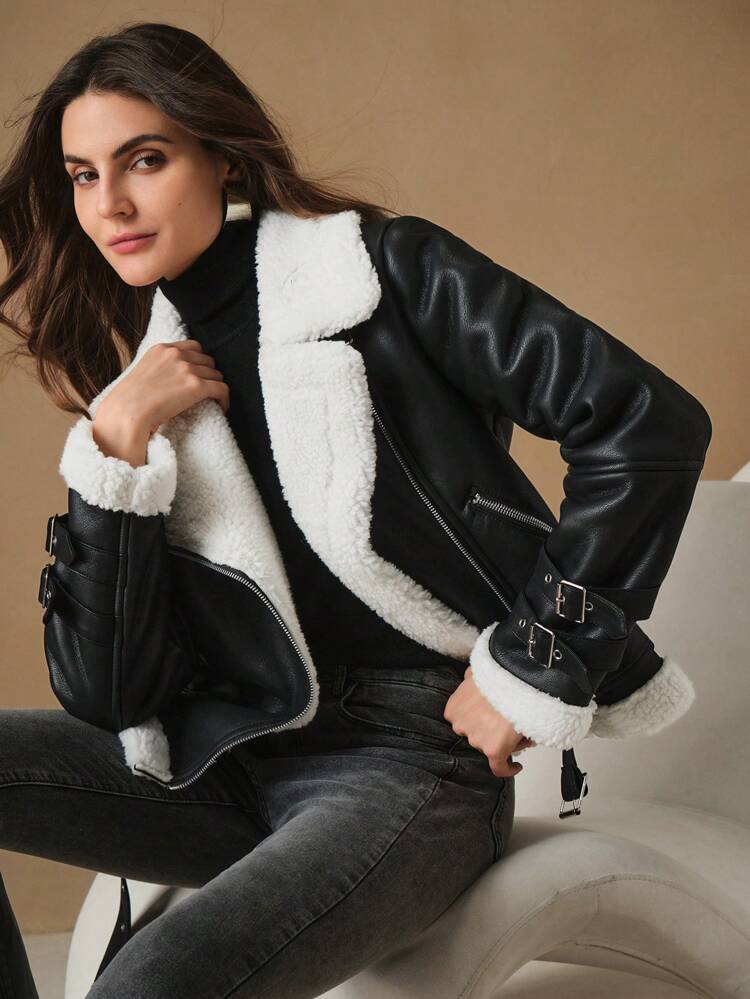 Women's Fluffy Lined Color Block Long Sleeve PU Jacket For Winter