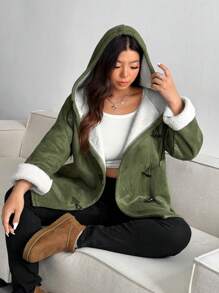Flirla Faux Horn Button Fuzzy Hooded Coat In Plus Size - Army Green - View 3