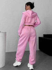 SHEIN EZwear Women's Casual Solid Drop Shoulder Loose Zip-Up Cropped Hoodie And Jogger Sweatpants Set