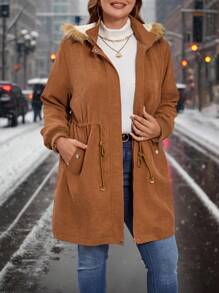 SHEIN Clasi Plus Size Solid Color Hooded Drawstring Pocket Long Sleeve Jacket, Autumn/Winter Clothes
Curve Size Women's Long Sleeve Drawstring Waist Hooded Casual Loose Jacket, Fall/Winter, Fleece Jacket, Winter Women Coat Winter Clothes