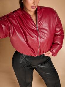 SHEIN BAE Plus Size Fall 1pc Elegant Street Motorcycle Women Burgundy Pu Leather Zipper Warm Short Winter Coat Halloween Go Out Music Festival - Burgundy - View 3