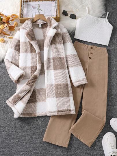 Sparklyn 3 件套 Tween Girls 纯色简约上衣、裤子和毛绒格子休闲夹克套装