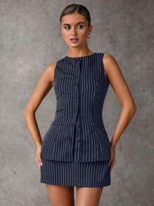 SHEIN BAE Solid Button Front Vest Blazer & Skirt Suit Set For Summer Business Women Clothes Sexy Office Siren Women Two Pieces Sets Old Money Style Teacher Outfits Contrast And Stripes Women Two Pieces Sets In Fall/Winter - Navy Blue - View 2