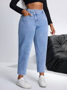 SHEIN CURVE+ 加大码高腰水洗妈妈款牛仔裤 - 藍色 - 查看 3