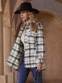 Aveloria 女士秋冬复古休闲时尚格子衬衫领宽松夹克 - 白色 - 查看 4