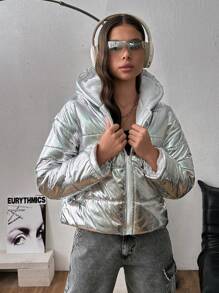 EURMUSE Silver Bright Fabric Puffer Hooded Winter Coat - Silver - View 7