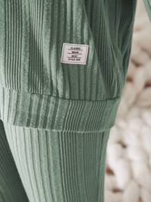 SHEIN Leap Crew 2 件套青少年女孩罗纹针织连帽短款上衣和喇叭裤，休闲装 - 薄荷綠 - 查看 4