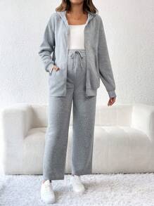 SHEIN 2pcs Maternity Solid Color Zip-Up Long Sleeve Hoodie Jacket, Pants Casual Set - Grey - View 5