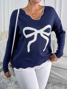 SHEIN LUNE Plus Size Women Contrast V-Neck Ruffled Hem Bow Front Pullover Sweater, Casual Home Leisure Western Party - Blue and White - View 1