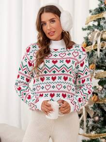 SHEIN Essnce 秋冬女毛绒毛衣，红色费尔岛图案高领宽松毛衣圣诞女装，情人节毛衣女毛衣，秋季服装，圣诞女上衣，墨西哥女装连衣裙，冬季女装连衣裙，丑陋的圣诞毛衣 - 彩色 - 查看 4