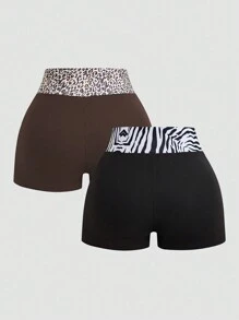 VaVaBold Bộ quần short họa tiết ngựa vằn + họa tiết da báo EZwear dành cho nữ, thường ngày mùa hè, mặc hàng ngày, quần tập yoga - Nhiều màu - Xem 2