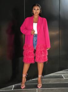 Slaydiva Elegant & Party & Gathering & Date Plain Burgundy Lapel Flounce Layered Fringe Embellished Plus Size Women Jacket Spring Autumn