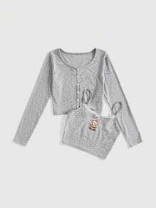 ROMWE Kawaii 2 件套女士可爱泰迪熊印花吊带短款开衫 - 灰色 - 查看 1