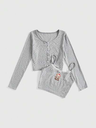 Kawaii 2 قطعة/طقم بلوفر بنطلون مطبوع عليه صورة دب تيدي جذاب للنساء