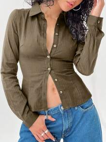 INAWLY Women's Solid Color Front Button Fitted Long Sleeve Blouse Women Shirt - Mocha Brown - View 1