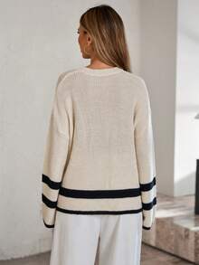 Women's Casual Colorblock Striped Drop Shoulder Long Sleeve Loose Sweater, Autumn - Beige - View 2