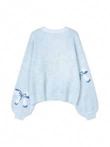 Áo len nữ dáng suông cổ tròn vai rớt họa tiết bướm, tay dài, màu xanh dương, thích hợp cho mùa thu/đông. - Màu xanh lam - Xem 3