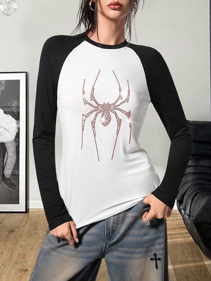 SHEIN EZwear 女款 Y2K 针织蜘蛛图案钻石图案长款 T 恤 - 黑與白 - 查看 1
