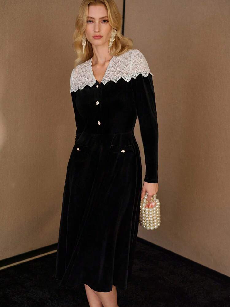 VELVET CONTRAST LACE YOKE MIDI DRESS