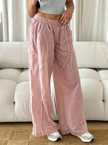 SHEIN Privé Damen lässige Sport Hose mit weitem Bund, pinker Schmetterling Dekor und niedriger Taille, Maxilänge - Pink - Übersicht 6