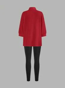 SHEIN LUNE 3pcs/Set Women's Autumn Long Sleeve Shirt, Camisole, And Skinny Leggings Outfit Red Clothes Christmas