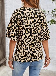 EMERY ROSE Áo thun tay ngắn họa tiết da báo viền bèo nhún đôi cho nữ - Nhiều màu - Xem 2