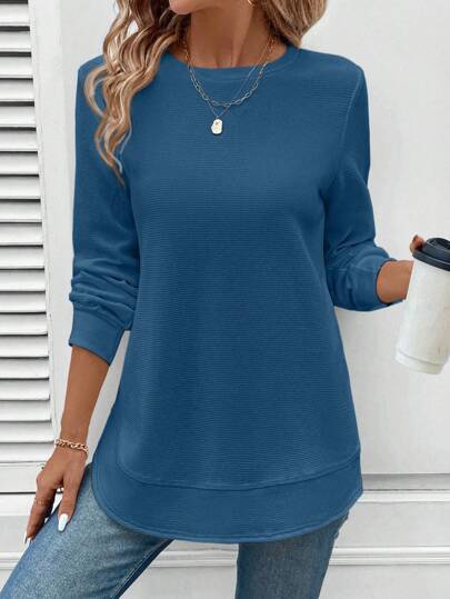 SHEIN LUNE Women's Casual Comfortable Crew Neck Asymmetrical Hem Waffle Texture Basic Sweatshirt,Long Sleeve Tops Graduation,Back To School Outfits,Graduation,Teacher Outfits For Women,Back To School In Fall/Winter