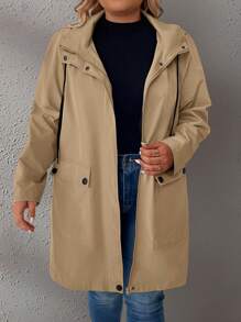 SHEIN LUNE Plus Size Women's Solid Color Long Sleeve Drawstring Hooded Loose Casual Jacket, Spring And Autumn - Khaki - View 1