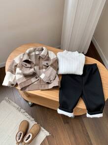 SHEIN 3件組男嬰復古格紋夾克外套，白色羅紋立領冬季上衣與保暖內裡長褲，秋季戶外穿著家庭套裝保暖刷毛衣 - 棕色 - 查看 5