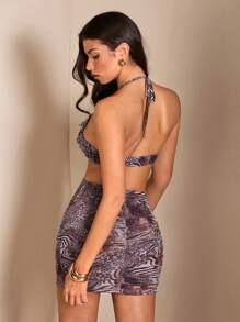 SHEIN BAE Damen Rüschen Mini Strandkleid mit V-Ausschnitt, Tiermuster und Hohldesign