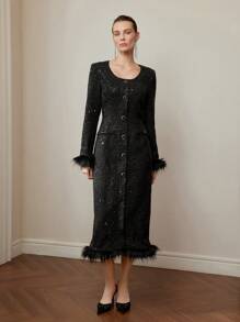 MOTF PREMIUM Vestido de solapa abotonada con un solo abrochado con volantes esponjosos de tweed - Negro - Ver 7
