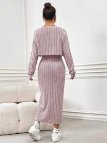 SHEIN Unity 2 chiếc/bộ váy liền quần đơn giản, giản dị, có gân lông - Hồng - Xem 2