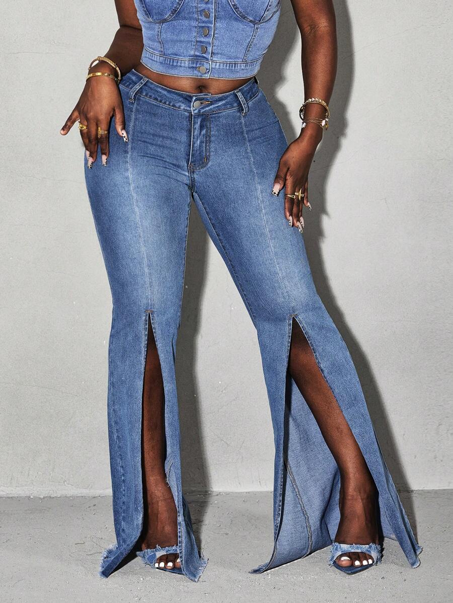 Slaydiva Solid Color Tight Fit Pocket Slit Wide Leg Sexy Jeans - Light Wash - View 1