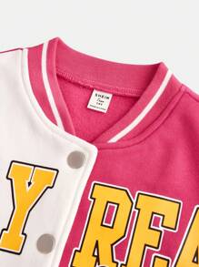 SHEIN Teen Girl Knit Print Color Block Ribbed Fleece Cropped Bomber Jacket - Hot Pink - View 4