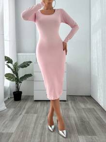 RueChic Solid Color Long Sleeve Slim Fit Bodycon Dress - Pink - View 6