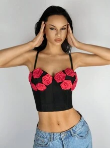 SHEIN LUNE Contrast Color Floral Applique Camisole To Be Worn As Outerwear - Black - View 4
