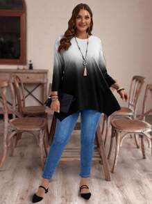 EMERY ROSE Plus Size Vrouwen Gradient Ronde Hals Lange Mouw Casual Losse T-shirt, Lente Herfst, Voor Zomer