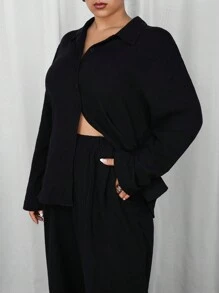 SHEIN EZwear 2 件大码黑色长袖衬衫和裤子套装 - 黑色 - 查看 3