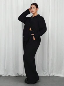 SHEIN EZwear 2 件大码黑色长袖衬衫和裤子套装 - 黑色 - 查看 4