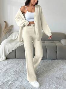 EURMUSE 2pcs Women's Casual Loose Fit Drop Shoulder Solid Color Cardigan And Knit Pants Set, Spring/Fall - White - View 6