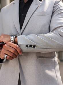 Manfinity Mode Men Solid Lapel Collar Single Breasted Placket Blazer & Seam Front Pants Suit Set - Grey - View 5