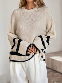 Women's Casual Colorblock Striped Drop Shoulder Long Sleeve Loose Sweater, Autumn - Beige - View 1